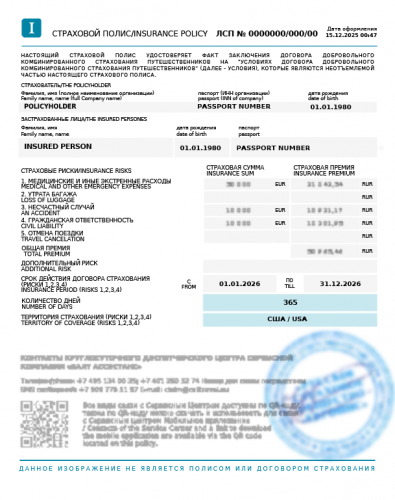 Образец заполнения полей в страховом полисе для пребывания в США в соответствии с требованиями и рекомендациями, предъявляемыми на практике к полисам страхования (обновлено 01.04.2026).