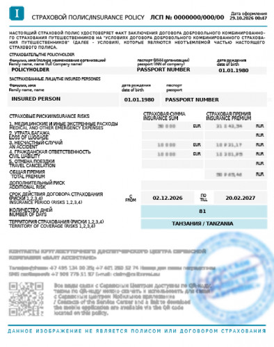 Образец заполнения полей в страховом полисе для визы и поездки в Танзанию в соответствии с требованиями и рекомендациями, предъявляемыми на практике к полисам страхования (обновлено 02.04.2026).